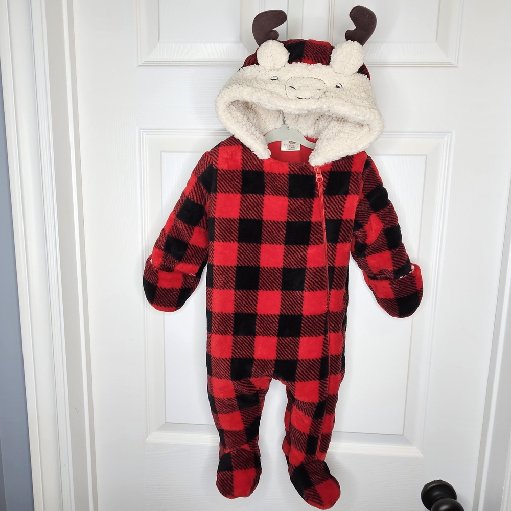 First Wish Baby Buffalo Plaid Fleece Sherpa Moose Hood Bunting Suit Size 6-9M